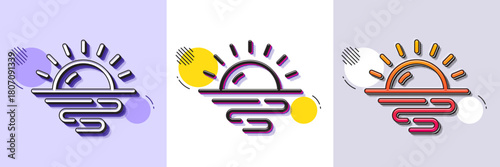 Sunrise line icon. Halftone dotted pattern. Gradient icon with grain shadow. Morning sun sign. Sunny weather symbol. Line sunrise icon. Various designs. Vector