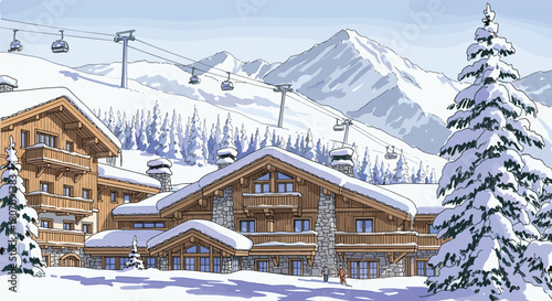 Beautiful ski resort nestled in the mountains, featuring wooden chalets, snow-covered trees, and ski lifts on a sunny winter day.