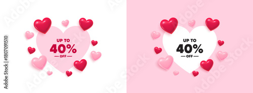 Discount tag heart shaped banner. 3d flying hearts. Up to 40 percent off sale. Discount offer price sign. Special offer symbol. Save 40 percentages. Valentines day greeting card. Vector