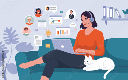 Woman working from home on a laptop with a cat and video calls