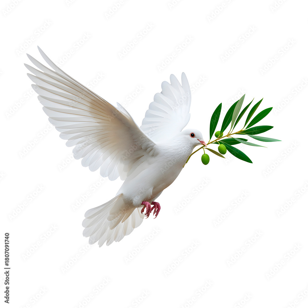 Fototapeta premium Dove carrying an olive branch. Isolated image with a transparent background.
