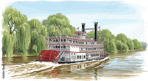 Majestic vintage paddle steamer boat with a large red paddle wheel cruises along a wide river lined with willow trees.