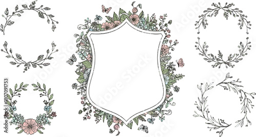 Elegant botanical frame arrangement, featuring wildflowers and decorative embellishments