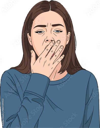 Cartoon illustration of a sleepy young woman covering her mouth with hand