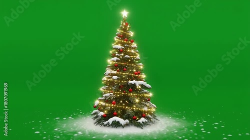 Decorated christmas tree with glowing lights and star on a green screen background