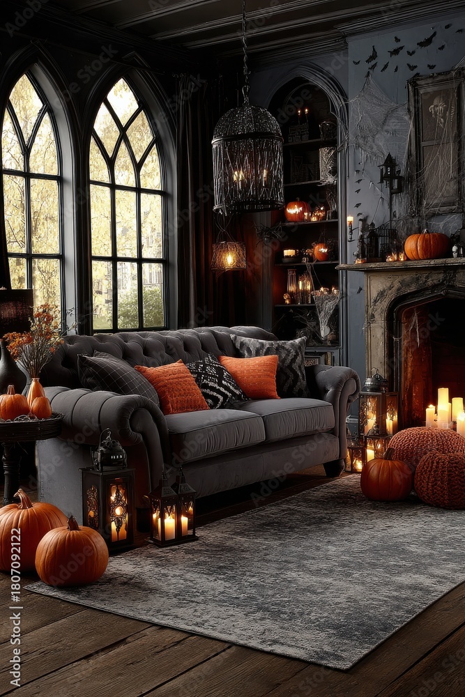 Naklejka premium Halloween themed living room with pumpkins, candles, fireplace, and a cozy gray sofa