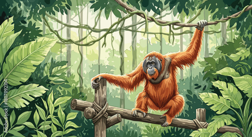 Curious orangutan resting on a wooden platform while hanging from a vine in its natural habitat of a lush, green jungle.