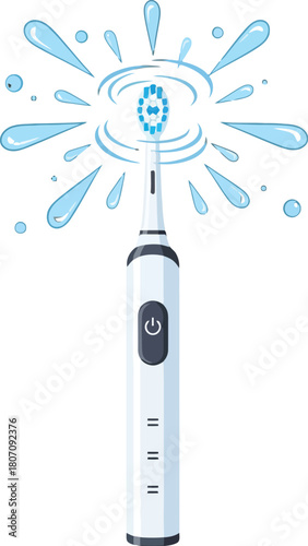 Illustration of an electric toothbrush with water droplets for dental care