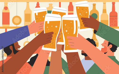 Cheers to good times diverse hands raising beer glasses in celebration