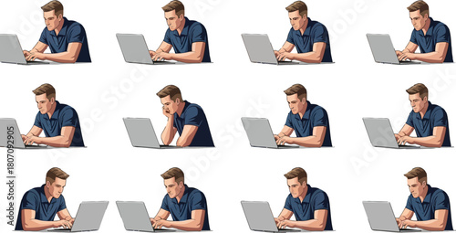 Diverse expressions of a man working on a laptop isolated on white backdrop