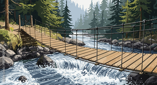 Wooden rope suspension bridge stretches over a rushing mountain river, leading into a dense and tranquil evergreen forest.