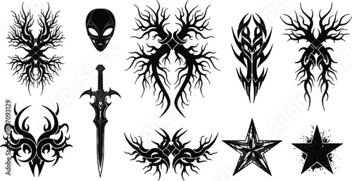 Collection of Fantasy Elements: Alien, Sword, Star, and Abstract Designs