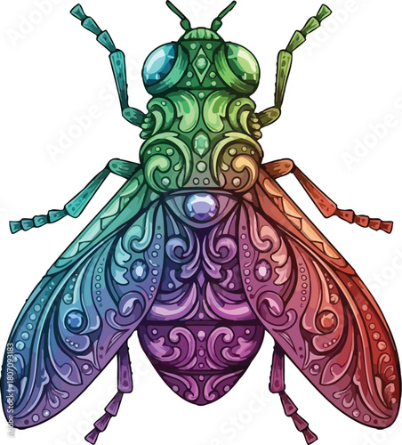 Ornate illustration of a rainbow colored fly with intricate patterns