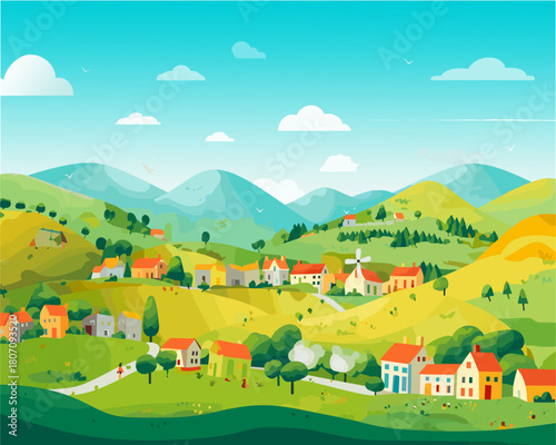 Flat vector illustration of a peaceful village among rolling green hills. Colorful houses, a windmill, and mountains in the background. Idyllic summer landscape for background.