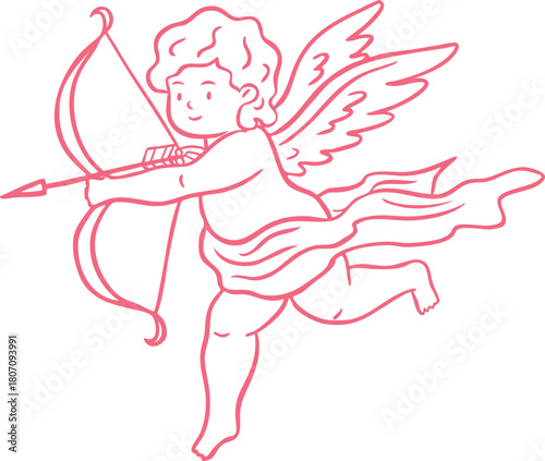 Cupid baby holds crossbow and flies line art, vector pink hand drawn angel archer with wings shoots, doodle amour symbol