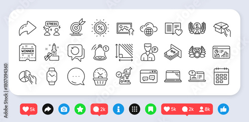 Atm money, Recovery data and Smartwatch line icons pack. Social media: share, comment, like icons. Love book, Calendar, Innovation web icon. Vector