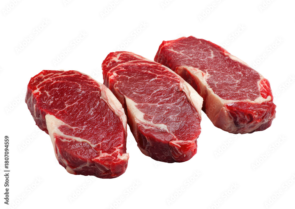 Fototapeta premium Three raw beef steaks, side-by-side, rich red color