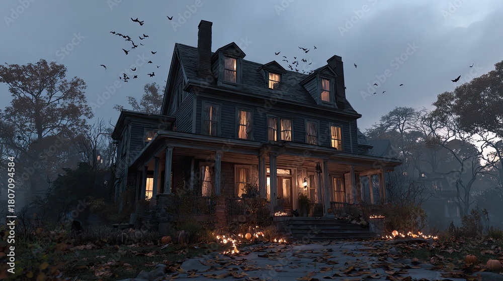 Fototapeta premium Spooky Haunted House Surrounded by Bats and Eerie Fog at Twilight