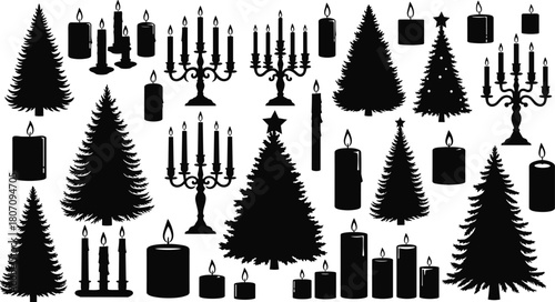 Christmas Tree and Candle Vector Silhouette Set, Festive Fir Tree, Candlestick, and Candelabra Icons, Black Flat Drawing of Winter Holiday Decoration Elements Design