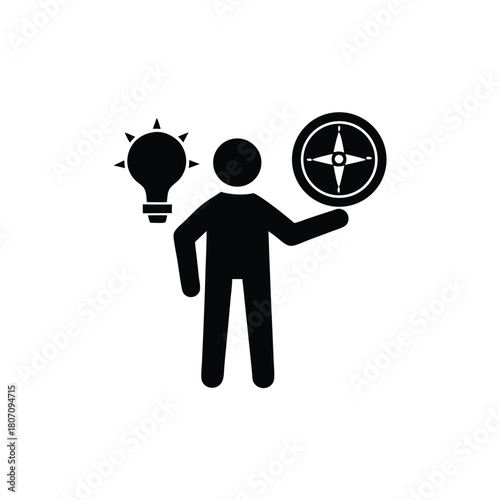 Conceptual Man with Compass and Bulb: Wayfinding and Innovative Solution Pictogram in Black and White, Isolated on White Background                   