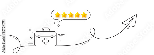 First aid line icon. Continuous line with share plane. Medicical kit sign. Pharmacy medication symbol. Five star rate review in speech bubble. First aid single line ribbon. Loop curve pattern. Vector