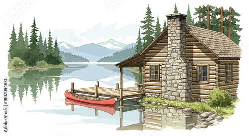 Rustic log cabin with a stone chimney sits on the shore of a calm lake with a dock and a red canoe, surrounded by forest.