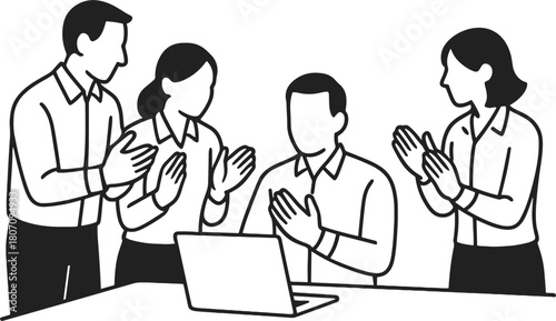 Team celebrating business success pose Four people in white shirts gathered around a laptop clapping their hands in appreciation