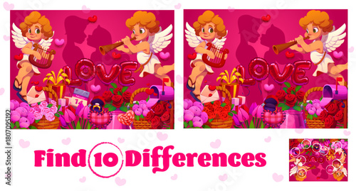 Find ten differences on valentines day banner. Love holiday spotting puzzle vector worksheet, St Valentine day matching quiz. Difference search riddle with cute cupids, flowers and holiday gifts