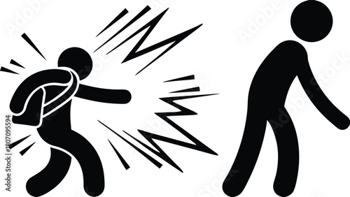Stick Figure Attacks Another: Symbol of Aggression with Force Lines in Black and White                                                                
