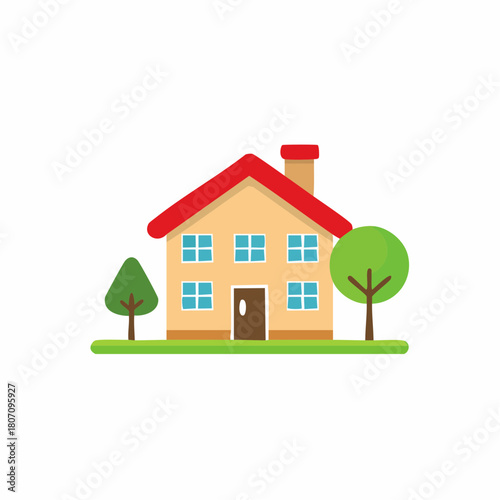 Simple cartoon house with red roof and chimney flanked by two green trees on grassy lawn