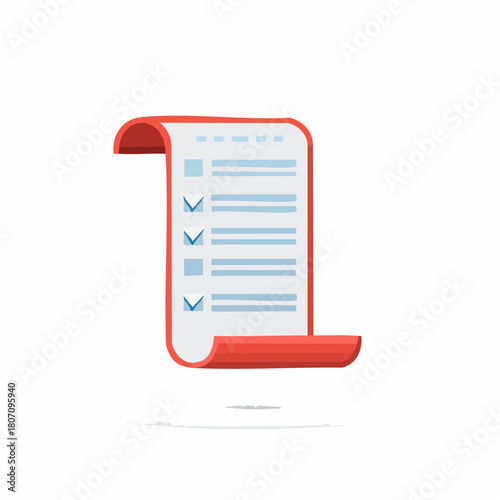 Illustrated red and white checklist with blue checkmarks floating in mid-air, concept of planning and checking the tasks