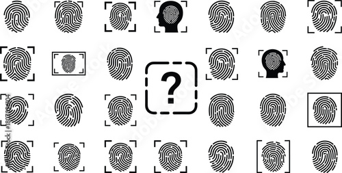Fingerprint Biometric Identification Vector Silhouette Set, Security Scan and Head Icon Graphics, Black Flat Drawing of Digital Privacy and Forensic Technology Elements Design
