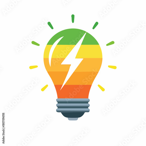 Colorful light bulb with lightning bolt symbol and radiating lines
