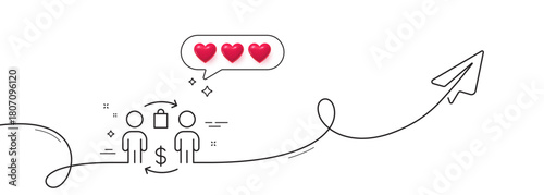 Buying process line icon. Continuous line with share plane. Shopping bag sign. Supermarket purchases symbol. Hearts rate review in speech bubble. Buying process single line ribbon. Vector