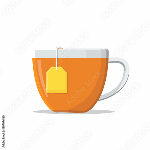 Orange mug full of tea, with a yellow tea bag ready to brew, relaxing beverage