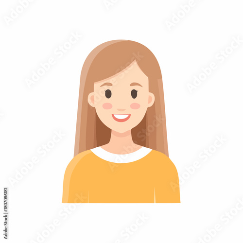 Smiling woman cartoon character with long brown hair and yellow shirt