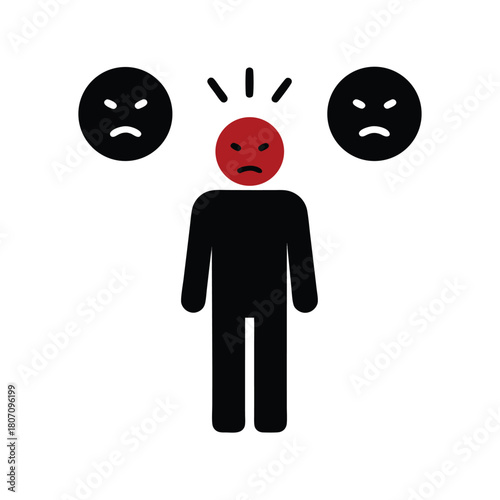 Stick Figure Experiencing Frustration, Surrounded by Negativity Symbols, Isolated on White, Symbolizing Stress and Emotional Pressure.                