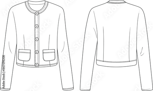 Women's jacket sketch, long sleeve design, round neckline, button front, fashion flat drawing, garment template, front and back view