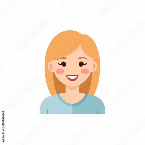 Flat illustration of a happy young woman with blonde hair and rosy cheeks wearing a blue shirt