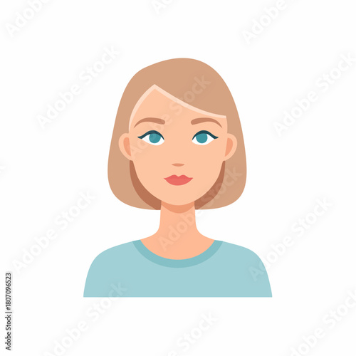Woman's face in minimalist style, with bob haircut and blue eyes