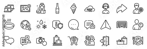 Nurse, Gifts and Frying pan line icons pack. Share, Message, Paper plane icons. Parking garage, Shield, Entrance web icon. Weather, Money change, Seafood pictogram. Vector