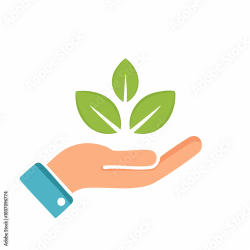 Cartoon hand holding green leaves illustrating environment protection