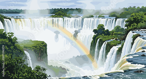 Majestic waterfall cascades over cliffs into a gorge, with a vibrant rainbow appearing in the mist amid lush green jungle scenery.