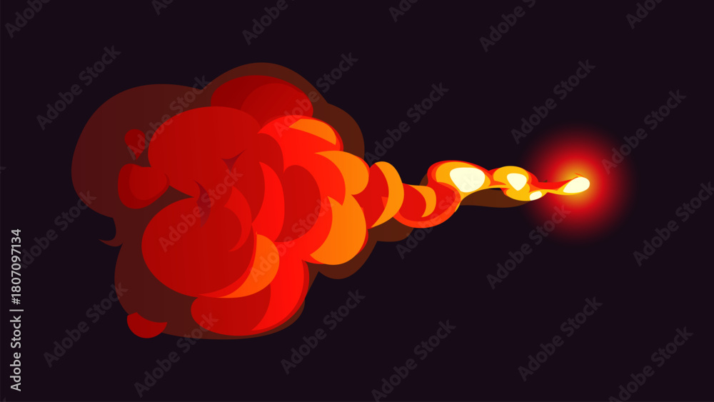 Naklejka premium Cartoon magic red smoke effect, fireball with flame and smoke swirl. Vector explosion glowing with hot energy and dynamic burning shapes on dark background. Fantasy cloud with sparks and light
