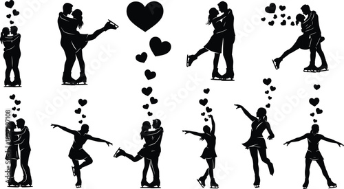 Ice Skater Couple and Heart Vector Silhouette Set, Romantic Figure Skating and Dance Icons, Black Flat Drawing of Winter Sport and Valentine's Day Love Graphics Design