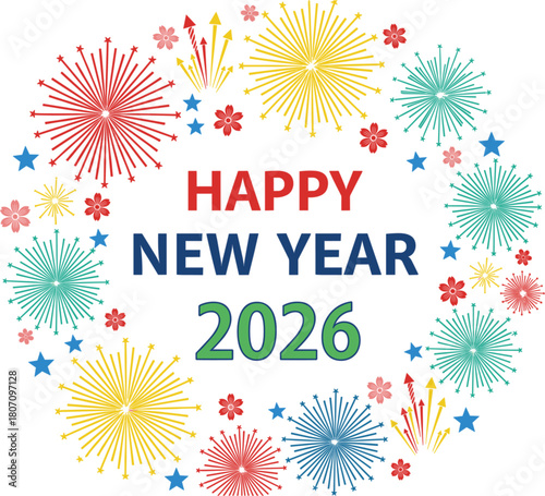 Happy New Year 2026 Celebration Vector Design with Colorful Fireworks and Stars Forming a Decorative Circular Frame, Perfect for Festive Holiday Greetings and Banners