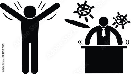 Stick Figure Celebrating Freedom From Work and Stress, Illustrated with Paper and Pressure Symbols, Black and White                                   