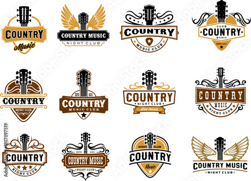Country music club icons with vector acoustic guitars. Old american bar, cowboy saloon and night club isolated symbols set. Western folk and country music guitar instruments, golden wings and picks