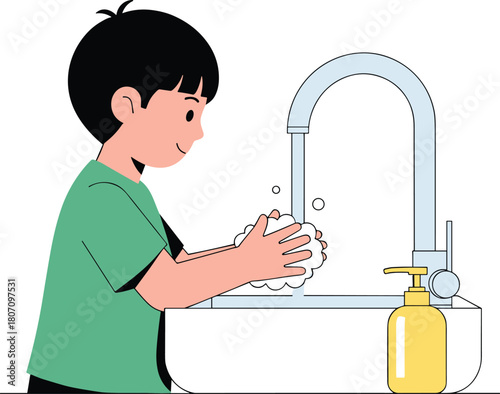 Child washing hands with soap under running water, promoting hygiene, cleanliness, health safety and good daily habits in a simple cartoon illustration.