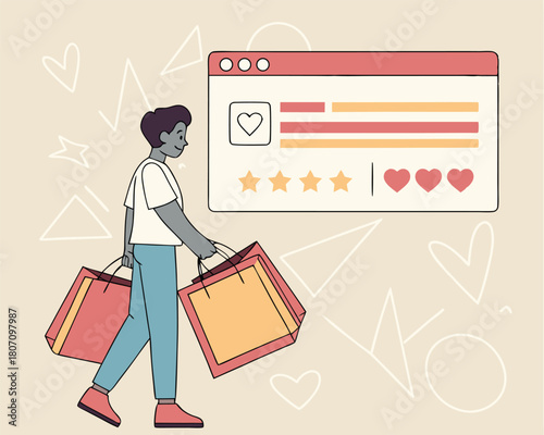 Customer experience illustration demonstrating online shopping with ratings and reviews and a person carrying shopping bags on a white background